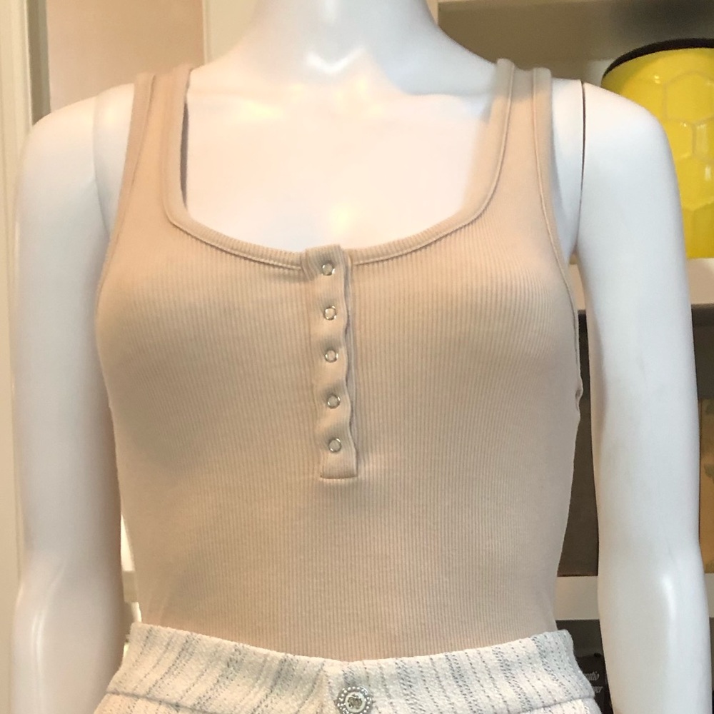 Forever 21 Beige Ribbed Button-Front Bodysuit